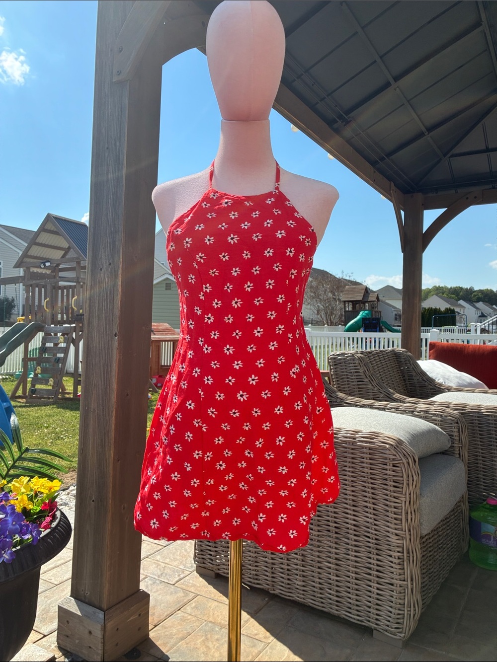 Zara Red Halter Sundress with White Daisy Print Womens Small